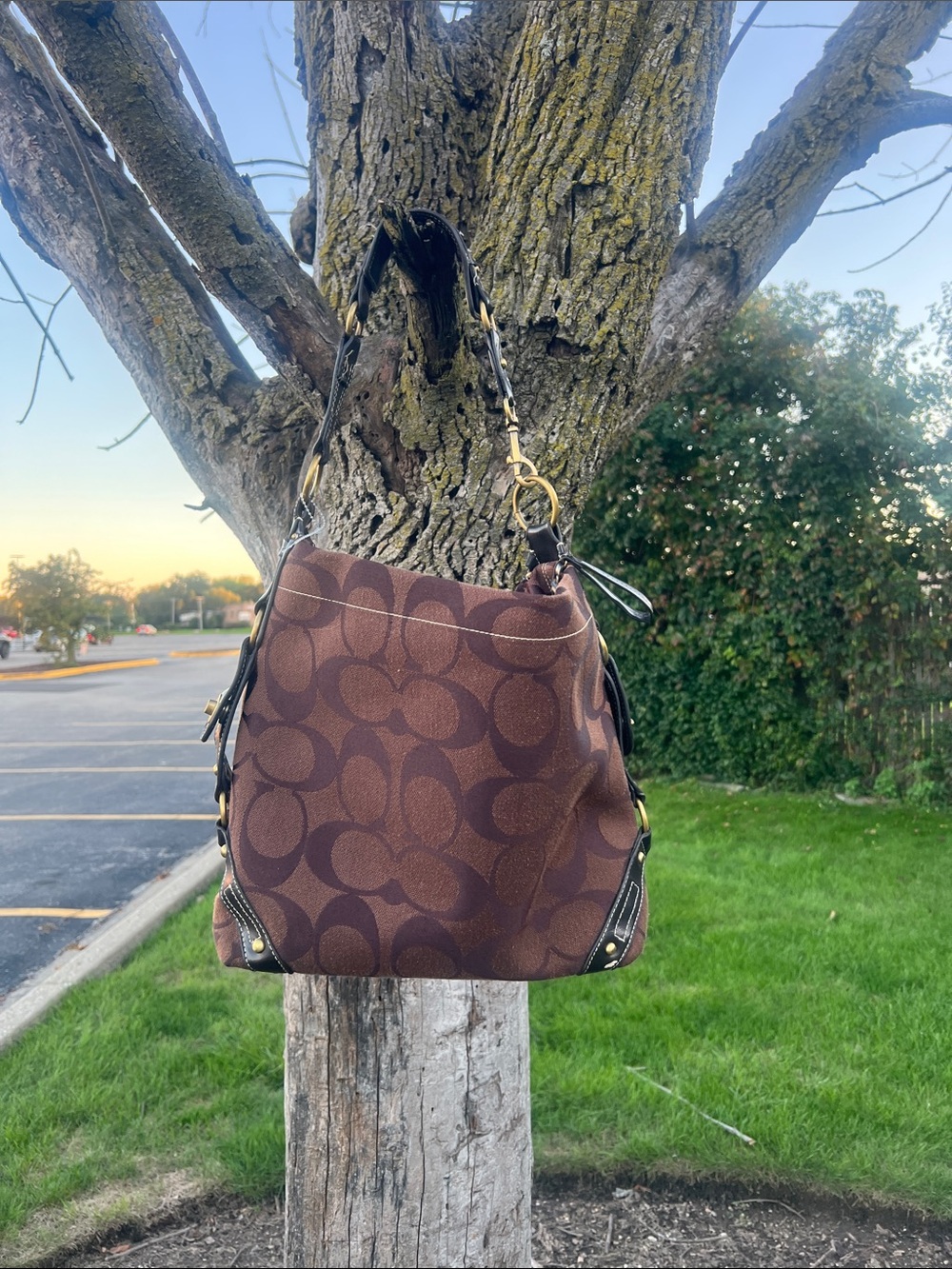 Coach Brown Signature Canvas Shoulder Bag with Dark Chocolate Accents - Picture 8 of 10